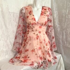 Double Crazy Pink Feminine Fairy Floral Sheer Long Bell Sleeve Flowy Dress